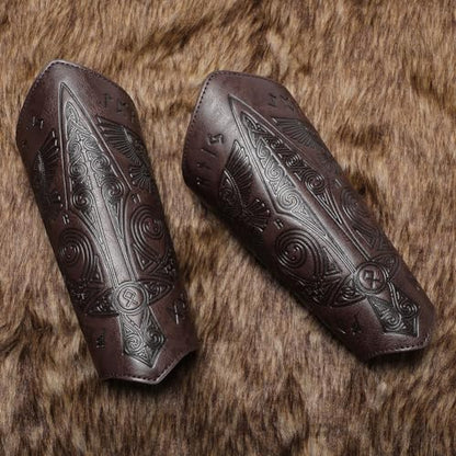 Medieval Leather Bracers Dragon Embossed Viking Leather Bracers Leather Arm Armer Cuff Leather Gauntlet Costumes Accessories - style: Medieval Sward Pattern Leather Bracers-dark Brown
