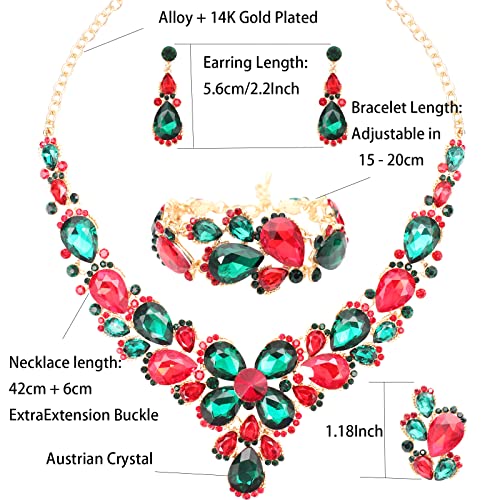 Women's Wedding Bridal Austrian Crystal Glass Teardrop Statement Necklace Dangle Earrings Bracelet Ring Wedding Party Jewelry Set for Bridal Bridesmaid - color: Multicolor-Gold Plated