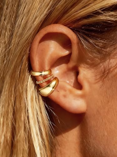 Ear Cuffs Non Piercing Hypoallergenic Gold Plated Ear Cuff Earrings for Women Trendy Clip On Cartilage Earring Set Dainty Adjustable Fake Piercings Earrings Fashion Accessories - color: A:3pcs gold ear cuffs