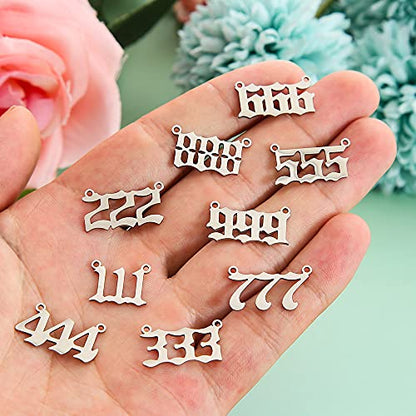 YEYULIN 18pcs Stainless Steel Angel Number Charms Pendant Silver Plated Dainty 111 222 333 444 555 666 777 888 999 Pendants DIY Jewelry Making Necklace