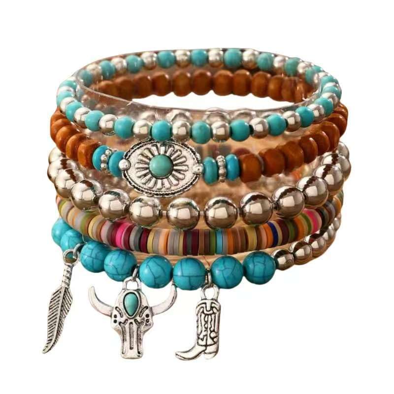 LOTSOF Western Turquoise Beaded Bracelet, Chic Stack Beaded Western Style for Country Concerts, Cowgirl Outfits & Boho Jewelry - color: Bull Head Style 5PCS