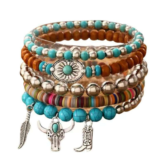 LOTSOF Western Turquoise Beaded Bracelet, Chic Stack Beaded Western Style for Country Concerts, Cowgirl Outfits & Boho Jewelry - color: Bull Head Style 5PCS