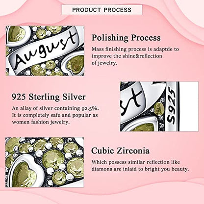 HappyStar 925 Sterling Silver Month Birthstone Charm for Bracelets Necklace，with 5A Cubic Zirconia Dangle Pendant Bead,Happy Birthday Valentine's Day - color: 8-August Birthstones
