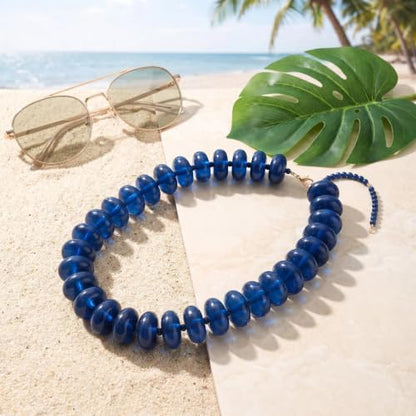 Chunky Beaded Statement Necklace for Women, Colorful Rondelle Bead, Bohemian Style, Adjustable Length, Summer Beach Accessory - color: Navy Blue