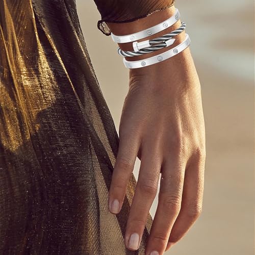 Camhanno Stackable Silver Bracelets for Women Stainless Steel Love & Friendship Bangle, Mothers Day Valentines Birthday Christmas Jewelry Gifts for Mom Her Wife Grandma - style: Style 13