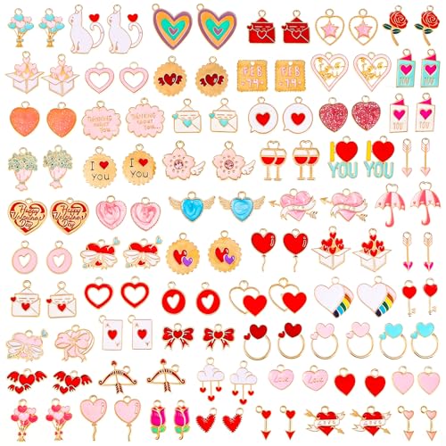 Modacraft 120 Pcs / 60 Pairs Valentine's Day Charms - Gold Enamel Valentine Charms for Jewelry Making, Multiple Romantic Styles Pendant for Making Necklaces, Earrings, Valentine's Day Gifts - style: Valentine-120 Pcs 60Pair