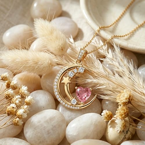 Midari 18K Gold Moon Star Necklace Moon Star Pendant Necklace with 12 Months Birthstones Moons Jewelry Gifts for Women Mom Her - color: 10-October