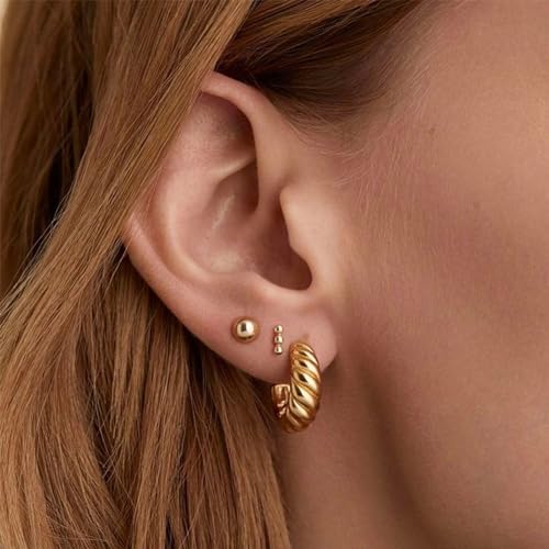 Freekiss 3 Pairs Hoop Earrings Set - Dainty Stud Dangle Cartilage for Women | Hypoallergenic Earrings, Cubic Zirconia Stackable Trendy Small Set Jewelry Gifts for Women - style: 2 Ball Stud+Twisted Hoop-GD