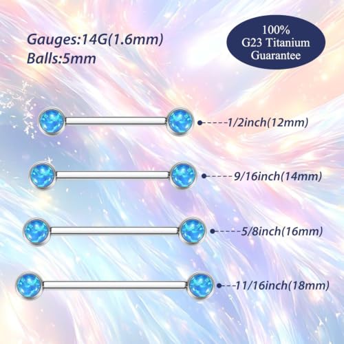 FUNLMO 2pcs Nipple Piercing Jewelry Titanium Nipple Rings Internally Threaded Tongue Rings Bridge Piercing Jewelry Nipple Barbells 14G 12-20mm - color: Silver,Blue Opal