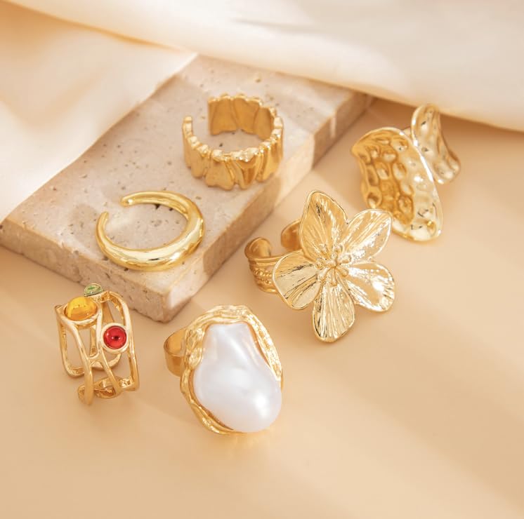 Gold Rings Set for Women 6Pcs Adjustable Open Band Rings Pack with Pearl Flower Leaf Textured Gem Design Alloy Stackable Chunky Statement Jewelry