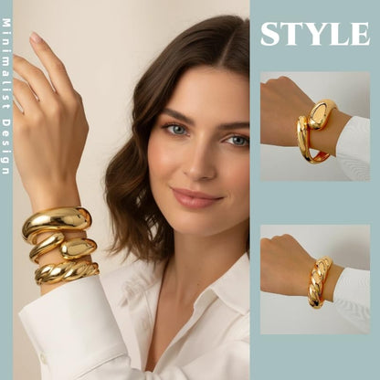 Chunky Gold Bangle Bracelets for Women – 14K Gold Plated, 3-Piece Stackable Cuff Bangles Set, Trendy Minimalist Jewelry - style: Gold-2