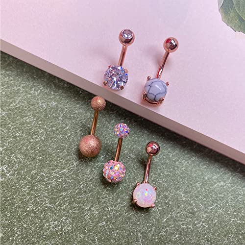 Belly Button Rings Stainless Steel 14G CZ Opal Navel Rings Barbells Women Girls Belly Piercing Jewelry - color: Rose Gold Color-Style A-5 PCS