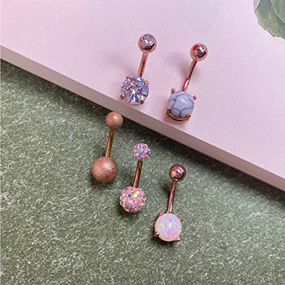 Belly Button Rings Stainless Steel 14G CZ Opal Navel Rings Barbells Women Girls Belly Piercing Jewelry - color: Rose Gold Color-Style A-5 PCS