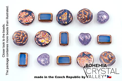 2.1oz (60g) of Glass Focal Bead Mix with Roses, Table-Cut and Cracked Czech Beads, PG Blue Copper Violet - color: Focal Copper Violet
