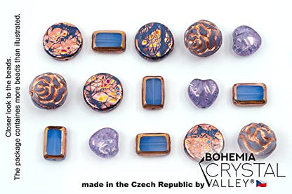 2.1oz (60g) of Glass Focal Bead Mix with Roses, Table-Cut and Cracked Czech Beads, PG Blue Copper Violet - color: Focal Copper Violet