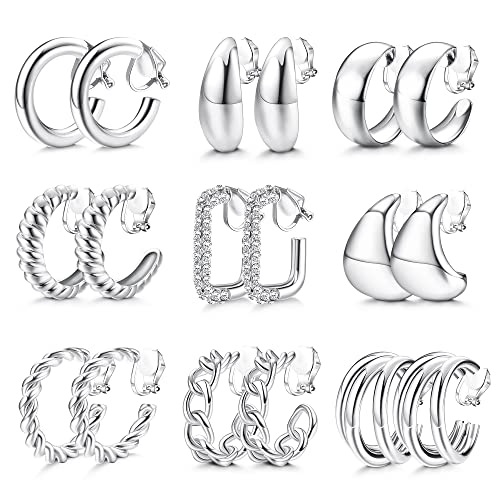 Gold Plated Clip On Earrings for Women Non Pierced Clip on Hoop Earrings | 9 Pairs 14K Gold Plated Waterdrop Chunky Hoop Earrings CZ Twist Statement Earring Set Hypoallergenic Fake Earring Jewelry - color: Silver