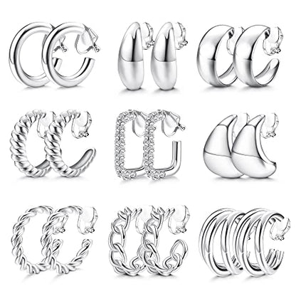 Gold Plated Clip On Earrings for Women Non Pierced Clip on Hoop Earrings | 9 Pairs 14K Gold Plated Waterdrop Chunky Hoop Earrings CZ Twist Statement Earring Set Hypoallergenic Fake Earring Jewelry - color: Silver