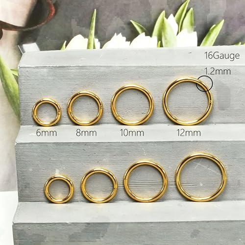 16Gauge earrings nosering clicker hoop Hypoallergenic body piercing ring | 6-14mm/6-12mm/Stainless Steel Gold/Silver,Septum Rings Hinged Clicker, Helix Cartilage Daith Tragus,Sleeper Hoop,Piercing - color: 16G 1.2mm 6-8-10-12mm Gold