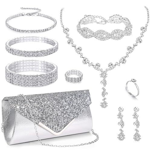 MEDOJO 10Pcs Silvery Rhinestone Jewelry Set for Women Bride Wedding Prom Jewelry Evening Rhinestone Sparkly Clutch Purse Bag Necklace Tennise Layered Bracelets CZ Ring Crystal Drop Earring Set Silvery Shiny Costume Kit - color: Silvery
