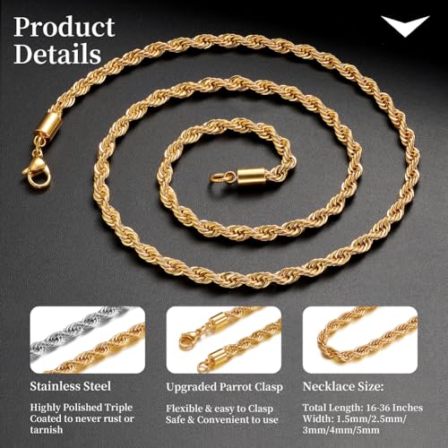 24K Gold Plated Rope Chain Stainless Steel Twist Chain Necklace Men Women - color: 24K Gold-Plated, size: 24 Inches