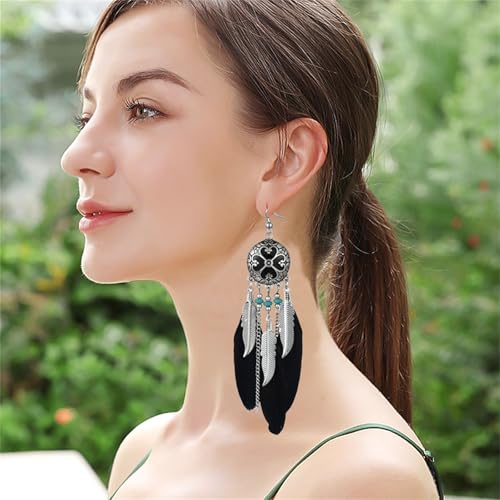 Dreuyet Boho Long Feather Drop Dangle Earrings for Women Retro Bohemian Ethnic Fringe Multicolor Tassel Feather Earring Handmade Statement Dream Catcher Earrings Jewelry - color: Black Round Heart