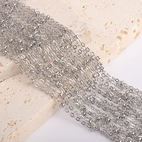 33FT 2mm Stainless Steel Satellite Cable Chain Roll Bulk for Jewelry Making | 304 Stainless Steel Flat Cable Link Ball Beaded Satellite Chains Spool for DIY Craft - color: Stainless Steel Small Beads Satellite Cable Chain