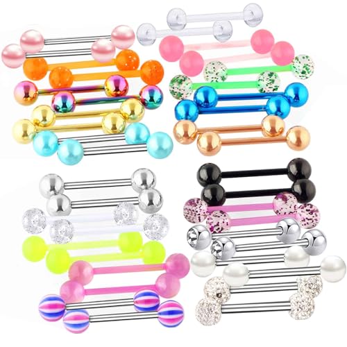 Suotarn 40pcs 14G Mix-Color Stainless Steel Straight Barbell Tongue Rings Bars Piercing 5/8" Length Acrylic Glow In Dark Flexible Retainer Body Jewelry For Women Men