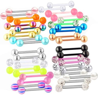 Suotarn 40pcs 14G Mix-Color Stainless Steel Straight Barbell Tongue Rings Bars Piercing 5/8" Length Acrylic Glow In Dark Flexible Retainer Body Jewelry For Women Men