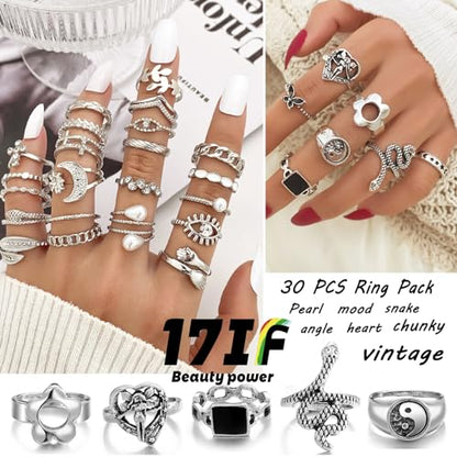 17IF 53 PCS(8 PACK) Silver Plated Jewelry Set for Women，4 Styles | with 6 Necklace 11 Ankle Bracelet 30 Kunckle Ring 6 Pair Earring Hoop Vintage Boho Pearl Birthday Travel Holiday - style: Vintage