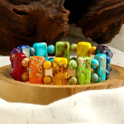 Yomisa Boho Beaded Bracelets for Women,Natural Chakra Turquoise Stone Jasper Bead Bracelet for Womens,Bohemian Handmade Stretch Beads Friendship Bracelets,Healing Trendy Western Jewelry Gifts - color: Chakra