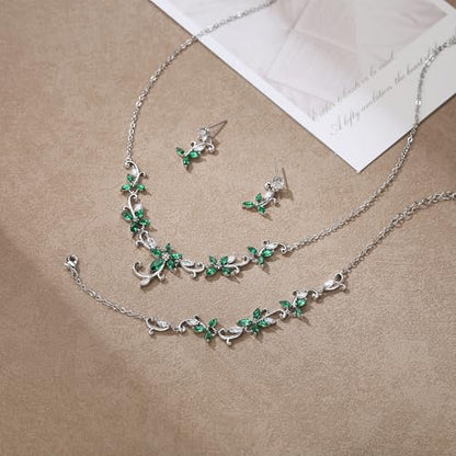 Crysdue Flower Leaf Wedding Jewelry Set for Bridal Bridemaid, Cubic Zirconia Teardrop Elegant Silver/14K/Rose Gold Plated Vine Necklace Dangle Earrings for Prom Party - style: B_Three Set Green