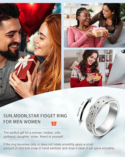 Fidget Toys Adults Anxiety Ring Women Men Stress Relief Band Spinner Sun | Celestial Sun Moon Star Stainless Steel Band Hollowed Sandblasted Surface 6mm Width18K Gold Silver Size 6-10 Unisex - color: Silver, size: Size 6