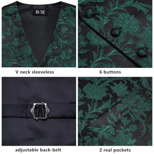 Hi-Tie Silk Mens Suit Vest Tie and Bowtie Lapel Pin Gold Tie Clip Paisley Floral Waistcoat 8PCS Set Tuxedo Wedding Party - color: Black and Green, size: Medium