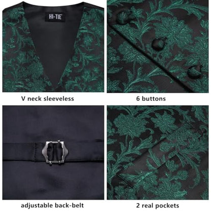 Hi-Tie Silk Mens Suit Vest Tie and Bowtie Lapel Pin Gold Tie Clip Paisley Floral Waistcoat 8PCS Set Tuxedo Wedding Party - color: Black and Green, size: Medium