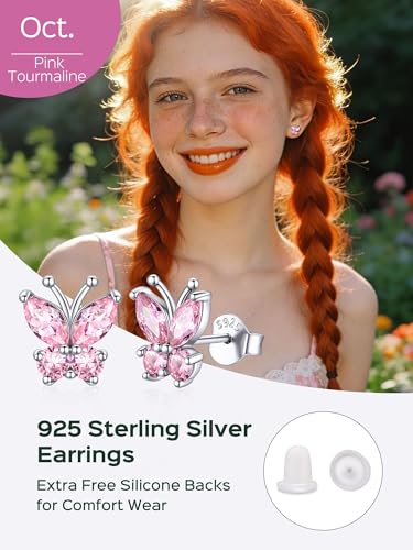 ChicSilver 925 Sterling Silver Bow/Butterfly Earrings for Women Hypoallergenic Birthstone Earrings Dainty Bow/Butterfly Jewelry Gift for Women - color: Butterfly-October-Tourmaline