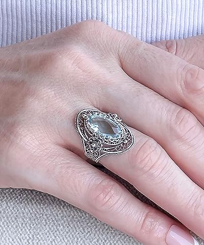 Filigranist 925 Sterling Silver Handcrafted Filigree Art Flower Pattern Woman Oval Statement Ring, Gift Boxed - color: Blue Topaz