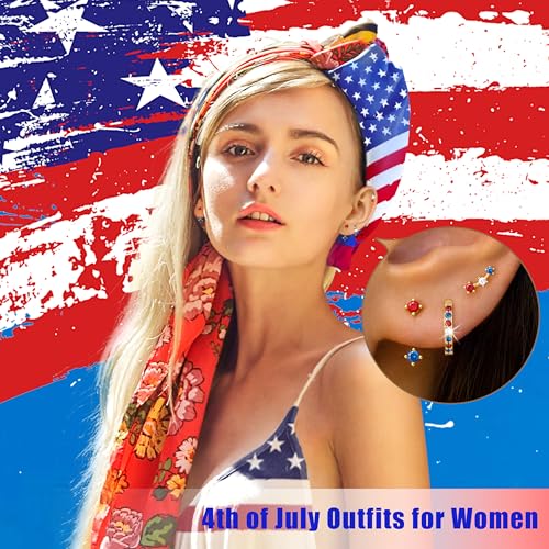 3 Pairs Dainty Small Earrings Set for Women Trendy, Birthstone Stud Huggie Hoop Jacket Stack for Cartilage Helix, Gold Plated Hypoallergenic Cute Women Fashion Accessories Western Jewelry Gifts - color: 4th of July earrings(Gold Red White Blue)