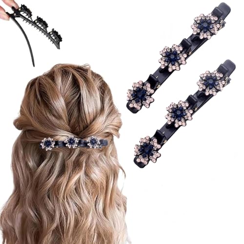 2 Pcs Sparkling Crystal Stone Braided Hair Clips, 2026 New Satin Fabric Hair Bands Rhinestone Four-Leaf Clover Hair Clip for Styling, Duck Bill Clips for Women Girls, Color M - color: Color M