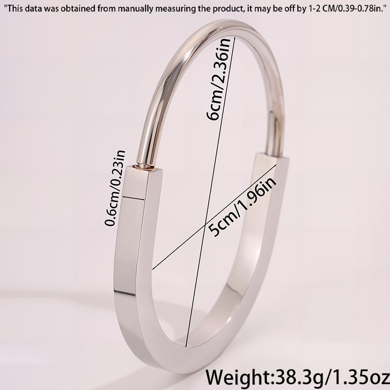 Silver Lock Bracelet for Women, Stainless Steel Open Cuff Bangle, Sleek Minimalist Hardware Jewelry