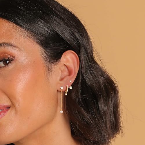 Freekiss 3 Pairs Hoop Earrings Set - Dainty Stud Dangle Cartilage for Women | Hypoallergenic Earrings, Cubic Zirconia Stackable Trendy Small Set Jewelry Gifts for Women - style: 3 CZ Long Stud-GD