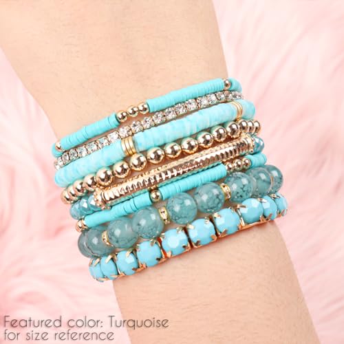 RIAH FASHION Multi Color Stretch Beaded Stackable Bracelets - Layering Bead Strand Statement Wrap Bangles - color: Boho Mix - Fuchsia, size: 7.0 Inches Length