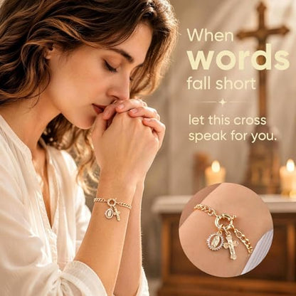 XUANPAI Virgin Mary Cross Bracelet for Women,14K Gold Plated Chain Bracelet,Virgen de Guadalupe Catholic Link Bracelet with Crucifix Charm, No Tarnish Religious Jewelry Gift for Baptism Confirmation - color: Gold-Cuban Link Chain