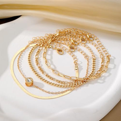 IFKM Gold Bracelets for Women, 14K Gold Plated Dainty Link Chain Bracelet set, Trendy Stackable Layered Bracelets jewelry Gifts - style: 5pcs diamond snake chain