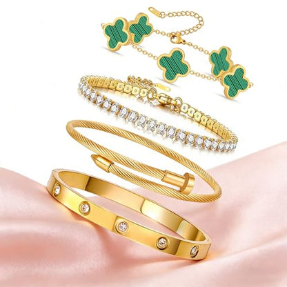 Gold Bracelets for Women, 18K Gold Plated Women Tennis Bracelets Clover Nail Love Bangle Bracelet Set, Gold Bracelet Stackable Set Trendy Jewelry, Gifts for Women's Day and Mother's Day - color: 11-Color- 4 Green