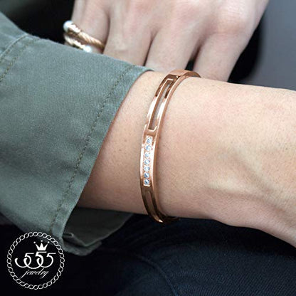 555Jewelry Womens Stainless Steel Fashion CZ Studded Cuff Bangle Bracelet - color: Pink Rose Gold - Grooved