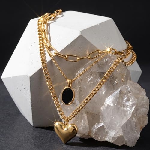 QCWN Gold Layered stacked Necklaces for women 3PS Chunky Statement Necklaces Stack Mixed Metal Charm Necklace for Women Trendy Coin Jewelry Gift for Her Gifts - style: Layered stack 12