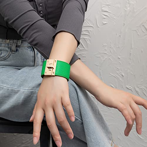 Rantanto Leather Wrap Bracelets For Women Gold Twist Lock Buckle Wrist Cuff | PU leather,Skin-friendly,Boho Stackable Wristband,Fashion Daily Jewelry,Trend Casual Party Bangle,Fit For Birthday, Holiday - color: Wide Green