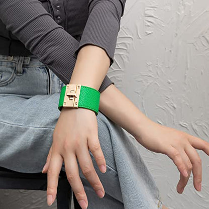 Rantanto Leather Wrap Bracelets For Women Gold Twist Lock Buckle Wrist Cuff | PU leather,Skin-friendly,Boho Stackable Wristband,Fashion Daily Jewelry,Trend Casual Party Bangle,Fit For Birthday, Holiday - color: Wide Green