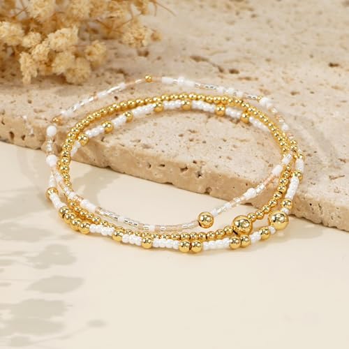 Gold Beaded Bracelet Stack for Women Colorful Small Seed Beads Bracelets Set Boho 14K Gold Plated Ball Stackable Stretch Non-Tarnish Dainty Jewelry Trendy Accessory Friendship Gift - color: pale pink and white