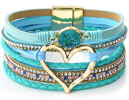 Suyi Multilayer Leather Wrap Bracelet Heart-Shape Wide Bracelets for Women - color: Light Blue